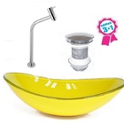 Cuba De Vidro Oval 55cm Amarela + Valvula Click + Torneira Me