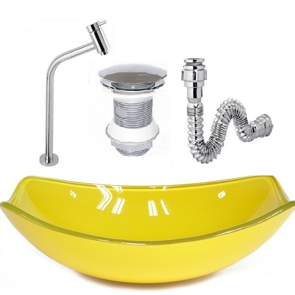 Cuba De Vidro Oval Chanfrada 46cm Amarela + Valvula + Torneir