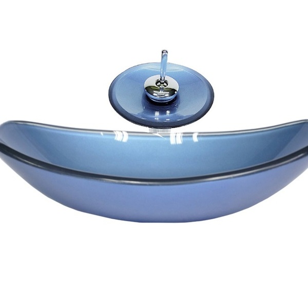 Cuba De Vidro Oval Chanfrada 46cm Azul + Valvula + Torneira C