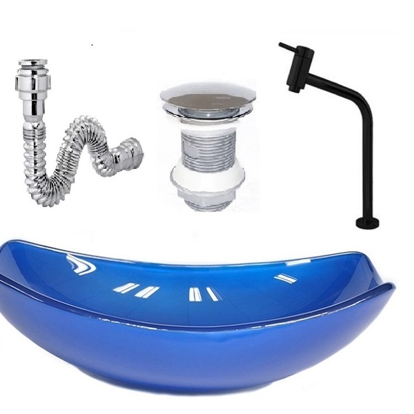 Cuba De Vidro Oval Chanfrada 46cm Azul Escuro + Valvula + Tor