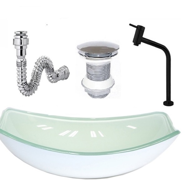 Cuba De Vidro Oval Chanfrada 46cm Branca + Valvula + Torneira