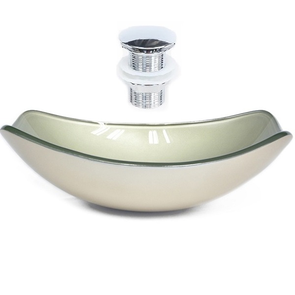 Cuba De Vidro Oval Chanfrada 46cm Champanhe + Valvula Click