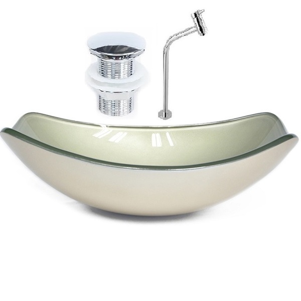 Cuba De Vidro Oval Chanfrada 46cm Champanhe + Valvula Click +