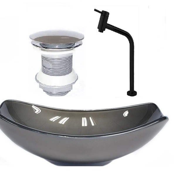 Cuba De Vidro Oval Chanfrada 46cm Grafite + Valvula + Torneir