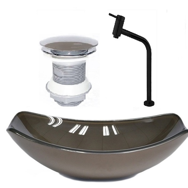 Cuba De Vidro Oval Chanfrada 46cm Marrom + Valvula + Torneira