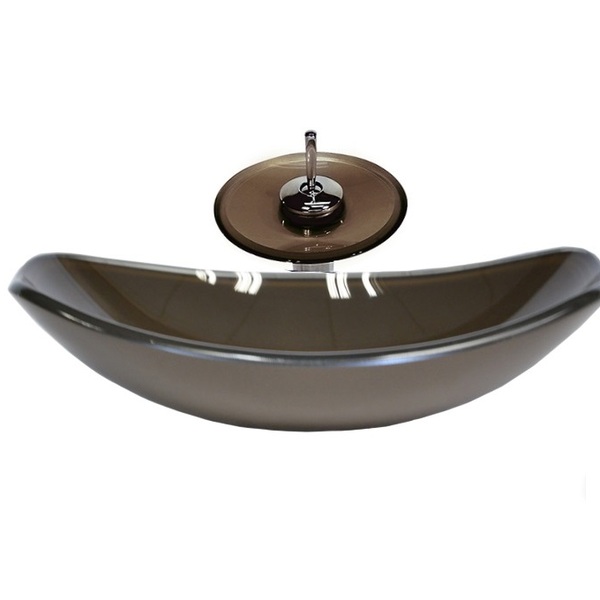 Cuba De Vidro Oval Chanfrada 46cm Marrom + Valvula + Torneira