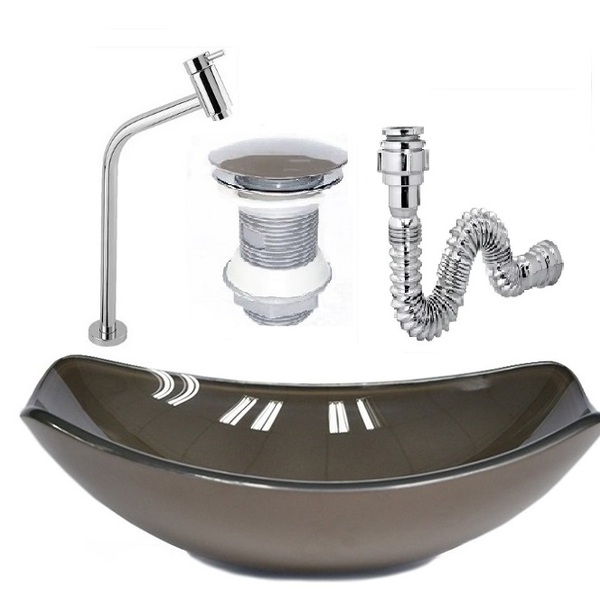 Cuba De Vidro Oval Chanfrada 46cm Marrom + Valvula + Torneira