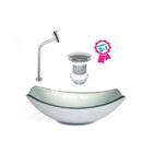 Cuba De Vidro Oval Chanfrada 46cm Prata + Válvula + Torneira