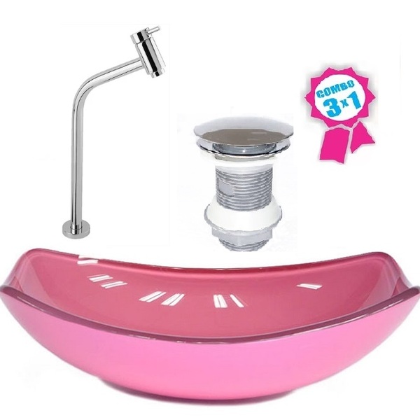 Cuba De Vidro Oval Chanfrada 46cm Rosa + Valvula + Torneira
