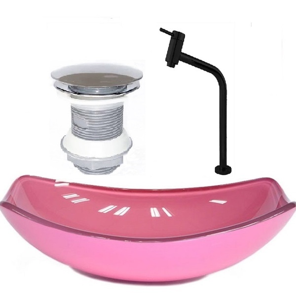 Cuba De Vidro Oval Chanfrada 46cm Rosa + Valvula + Torneira M