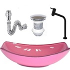 Cuba De Vidro Oval Chanfrada 46cm Rosa + Valvula + Torneira M