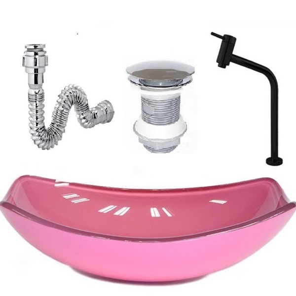 Cuba De Vidro Oval Chanfrada 46cm Rosa + Valvula + Torneira M