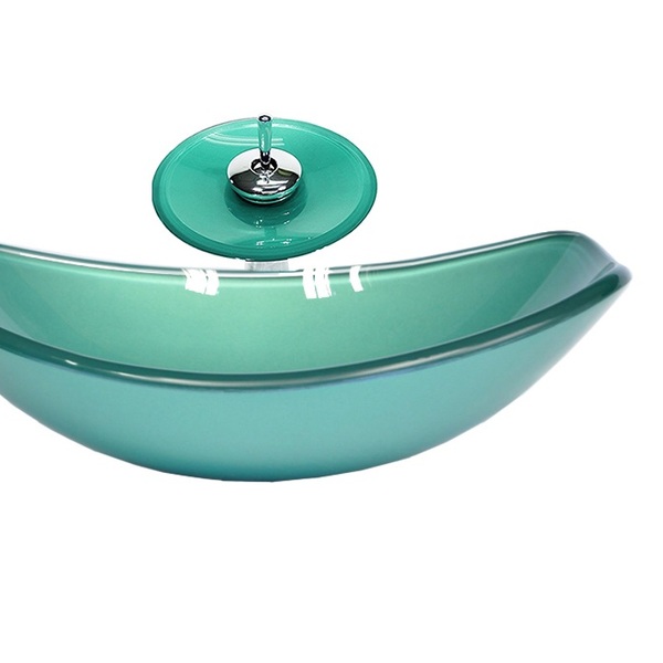 Cuba De Vidro Oval Chanfrada 46cm Verde + Valvula + Torneira