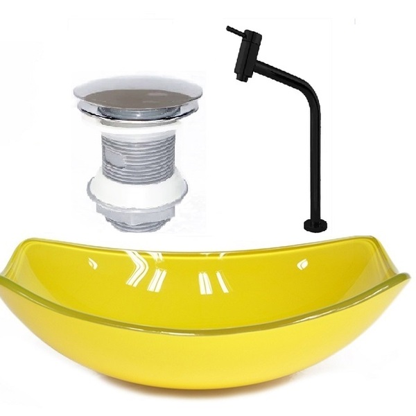 Cuba De Vidro Oval Chanfrada 51cm Amarela + Valvula + Torneir