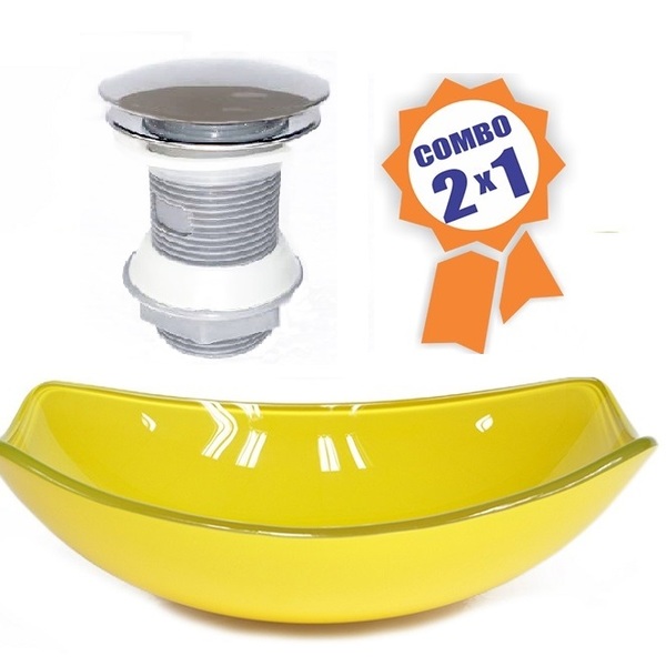 Cuba De Vidro Oval Chanfrada 51cm Amarela + Valvula Click