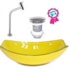 Cuba De Vidro Oval Chanfrada 51cm Amarela + Valvula Click + T