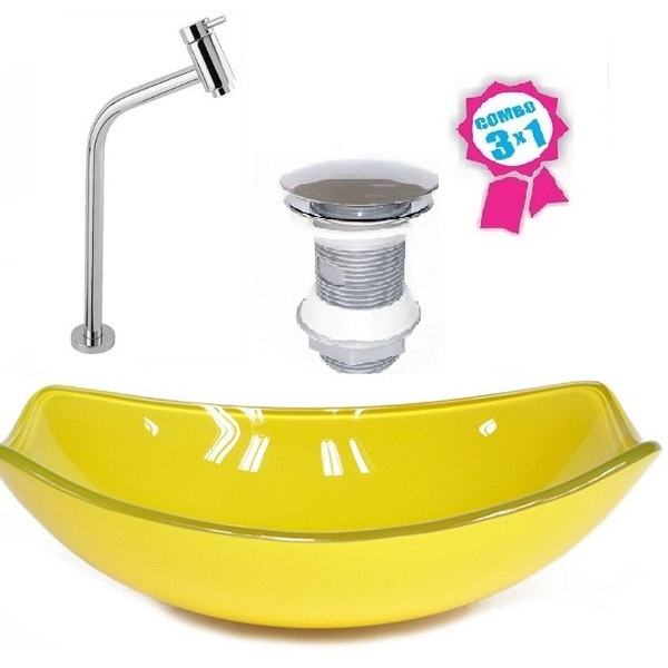 Cuba De Vidro Oval Chanfrada 51cm Amarela + Valvula Click + T