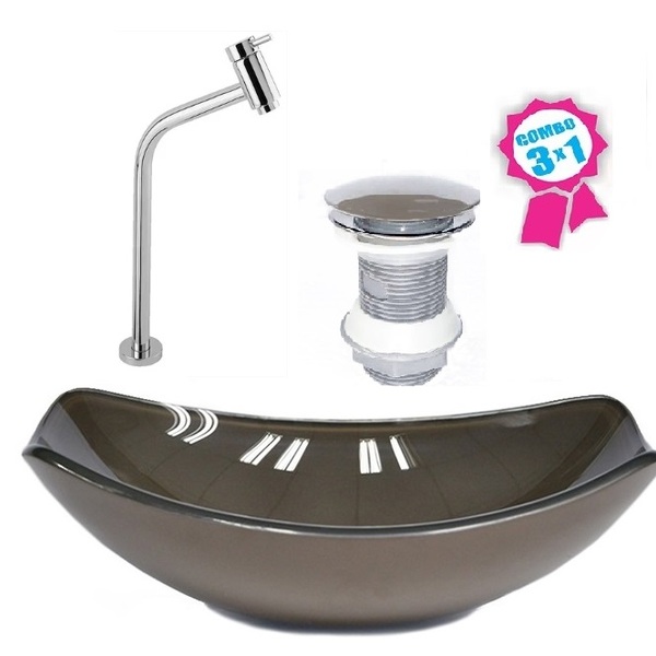 Cuba De Vidro Oval Chanfrada 51cm Marrom + Valvula Click + To