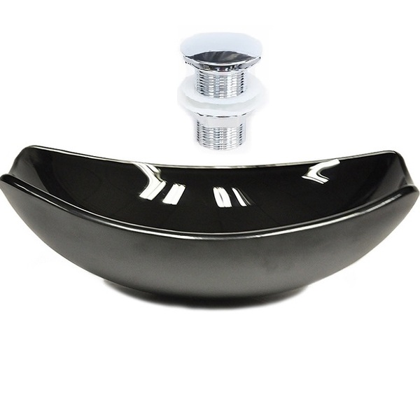 Cuba De Vidro Oval Chanfrada 51cm Preta + Valvula Click