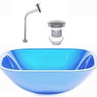 Cuba De Vidro Quadrada 35cm Azul + Valvula + Torneira Metal