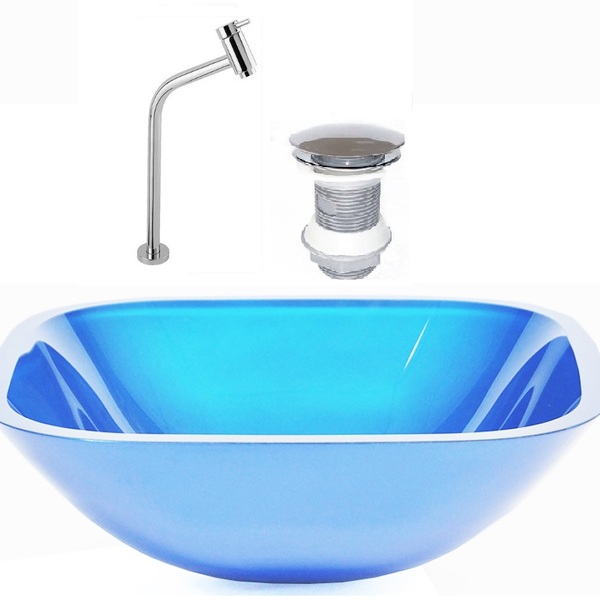 Cuba De Vidro Quadrada 35cm Azul + Valvula + Torneira Metal
