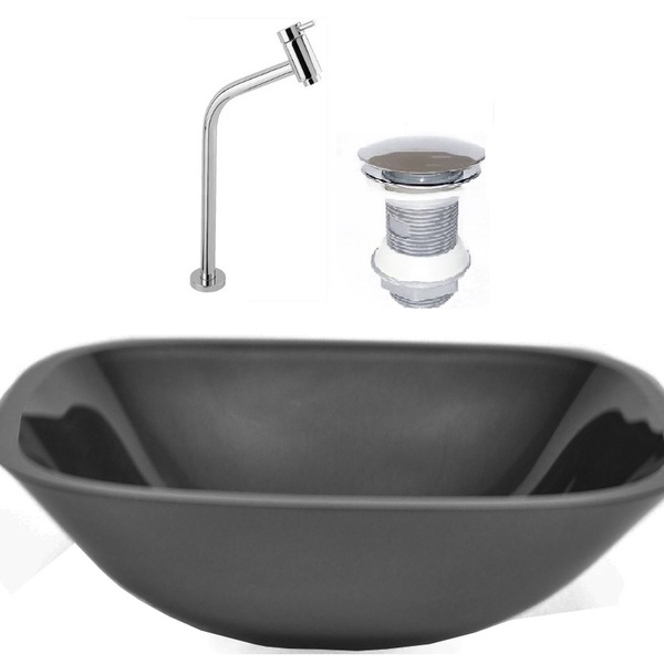 Cuba De Vidro Quadrada 35cm Preto + Valvula + Torneira Metal