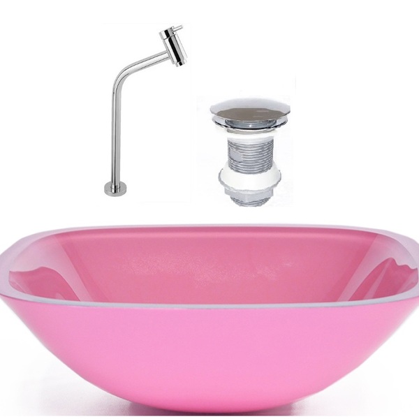 Cuba De Vidro Quadrada 35cm Rosa + Valvula + Torneira Metal