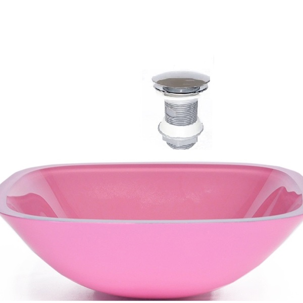 Cuba De Vidro Quadrada 35cm Rosa + Valvula Click