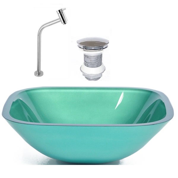 Cuba De Vidro Quadrada 35cm Verde + Valvula + Torneira Metal