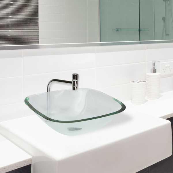 Cuba de Vidro Quadrada Incolor,com Válvula Click, Sifão e Tor