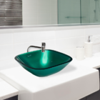 Cuba de Vidro Quadrada Verde,com Válvula Click, Sifão e Torne