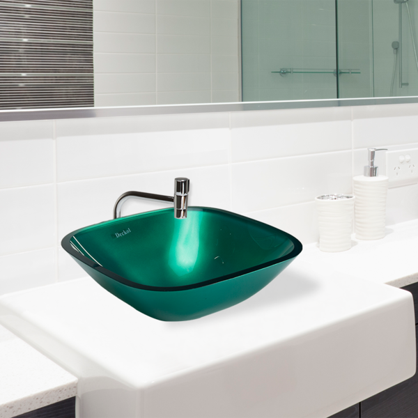 Cuba de Vidro Quadrada Verde,com Válvula Click, Sifão e Torne