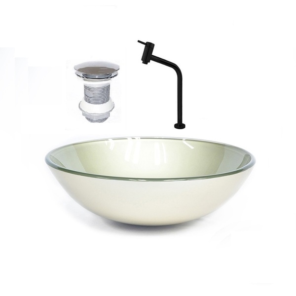 Cuba De Vidro Redonda 31cm  Champanhe + Valvula + Torneira Pr