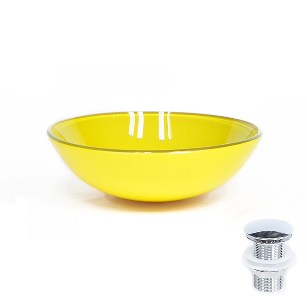 Cuba De Vidro Redonda 31cm Amarela + Válvula Click