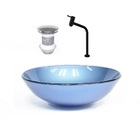 Cuba De Vidro Redonda 31cm Azul + Valvula + Torneira Preta