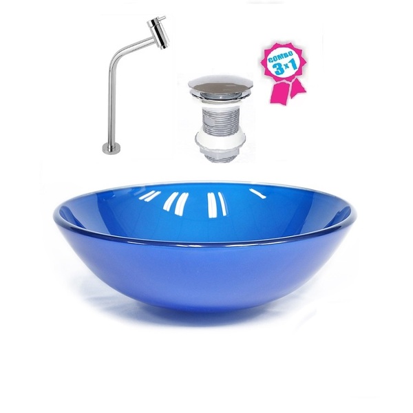 Cuba De Vidro Redonda 31cm Azul Escuro + Válvula Click + Torn