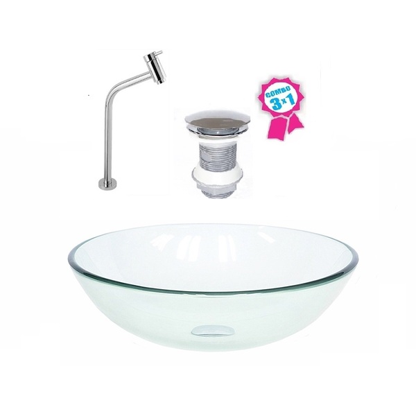 Cuba De Vidro Redonda 31cm Incolor + Válvula Click + Torneira