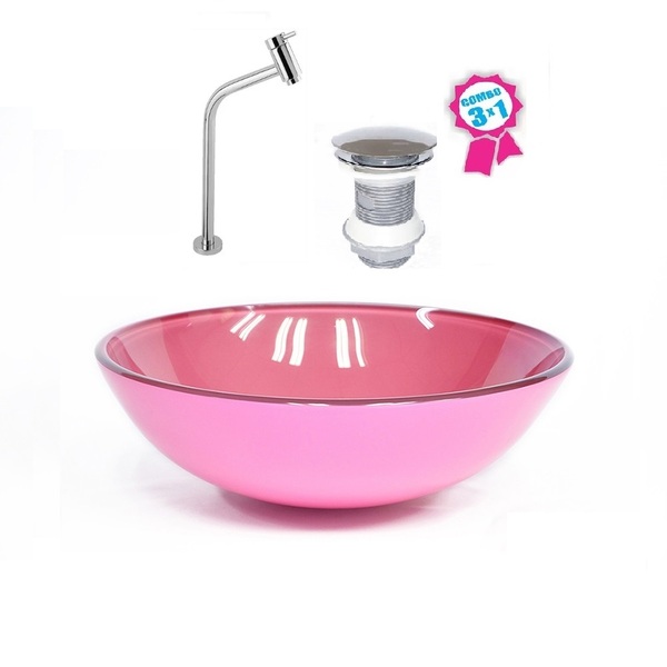 Cuba De Vidro Redonda 31cm Rosa + Válvula Click + Torneira De