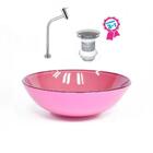 Cuba De Vidro Redonda 31cm Rosa + Válvula Click + Torneira De