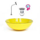 Cuba De Vidro Redonda 35cm Amarela + Válvula Click + Torneira