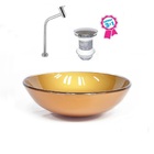 Cuba De Vidro Redonda 35cm Dourado Real + Válvula Click + Tor