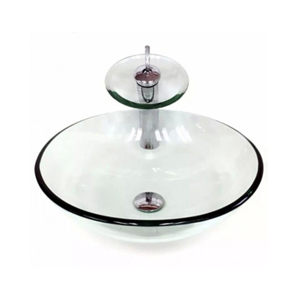 Cuba De Vidro Redonda 35cm Incolor + Valvula + Torneira Casca