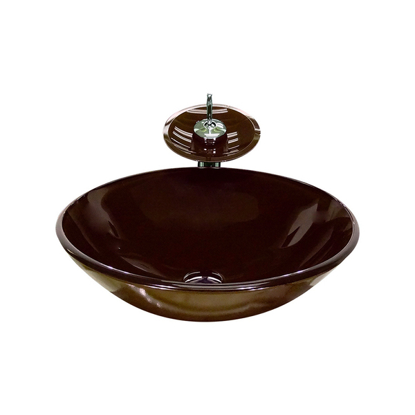 Cuba De Vidro Redonda 35cm Marrom + Valvula + Torneira Cascata
