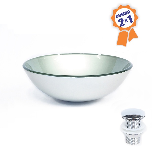 Cuba De Vidro Redonda 35cm Prata + Válvula Click