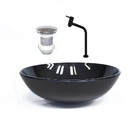 Cuba De Vidro Redonda 35cm Preta + Valvula + Torneira Preta
