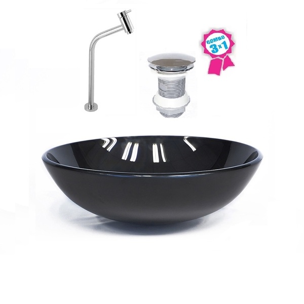 Cuba De Vidro Redonda 35cm Preta + Válvula Click + Torneira D