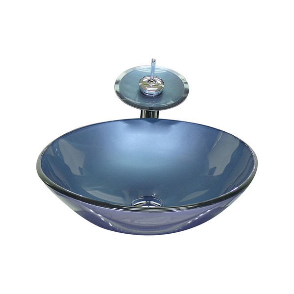 Cuba De Vidro Redonda 42cm Azul + Valvula + Torneira Cascata