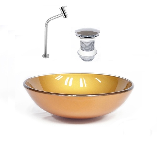 Cuba De Vidro Redonda 42cm Dourado Real + Valvula + Torneira