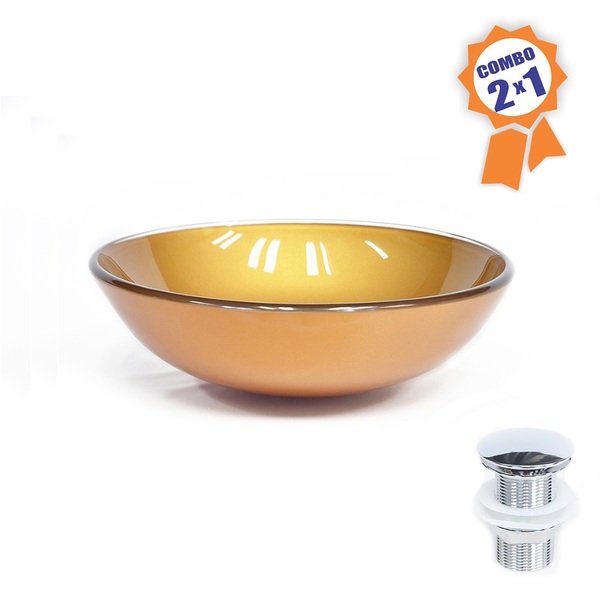 Cuba De Vidro Redonda 42cm Dourado Real + Válvula Click