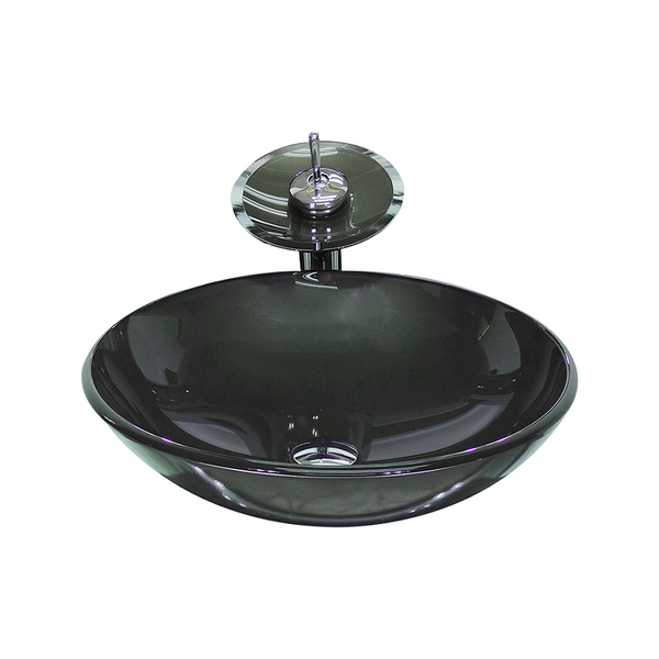 Cuba De Vidro Redonda 42cm Grafite + Valvula + Torneira Casca